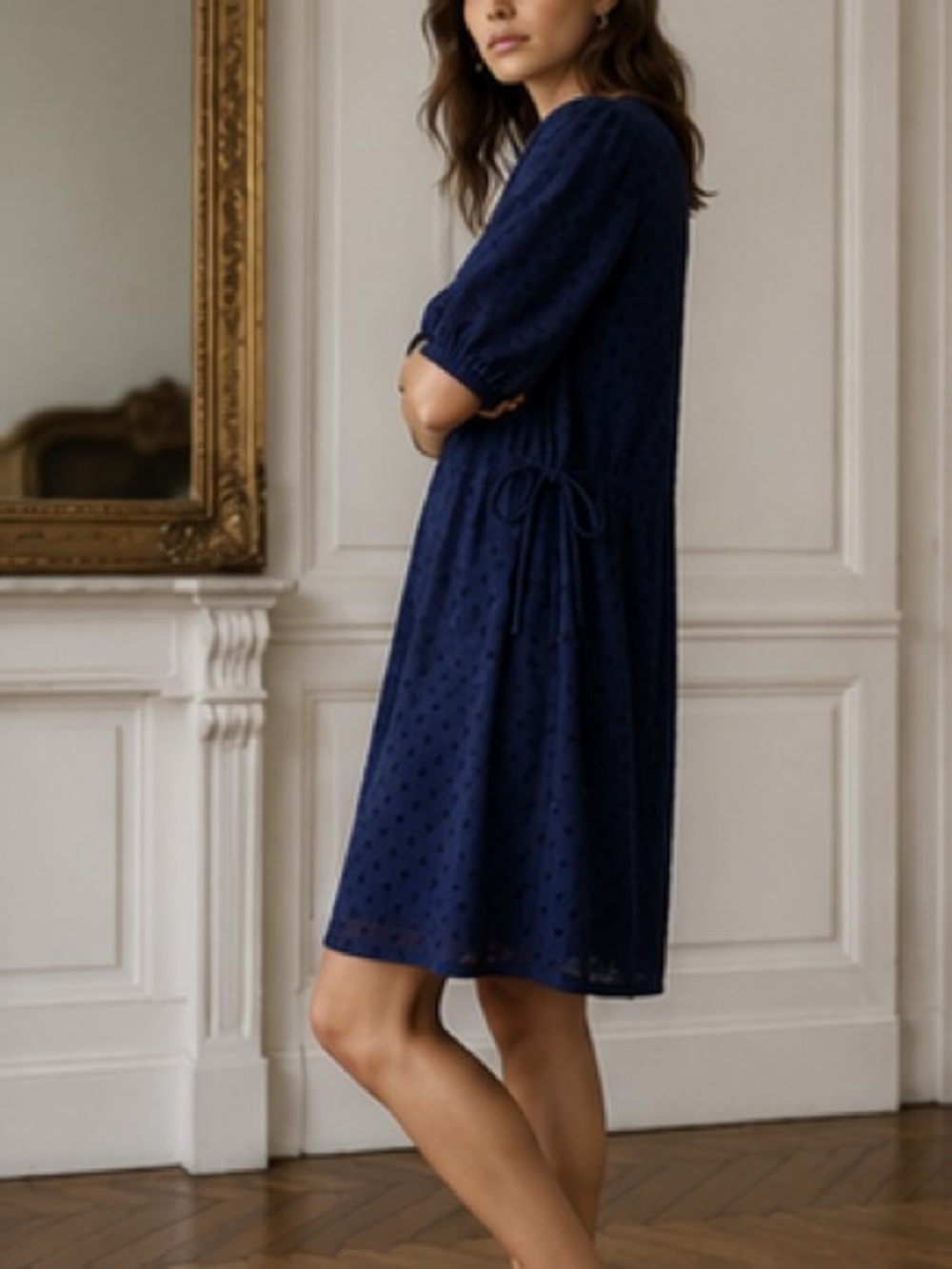 Sandro Lori navy dot dress crew neck half sleeves ties at waist Size 3 / L - Picture 2 of 11